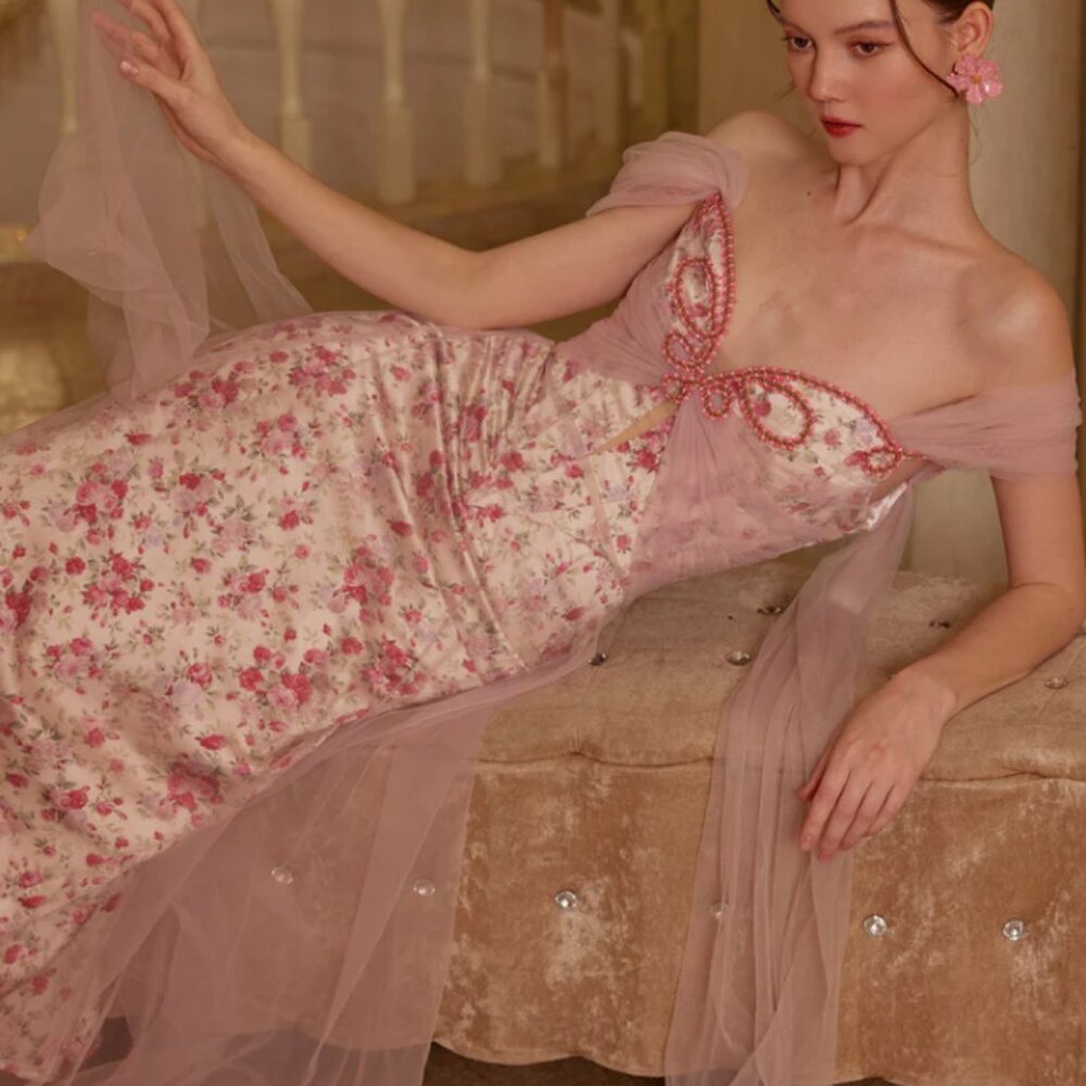Elegant Pink Floral Off-Shoulder Dress